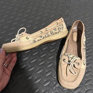 Tan with cheetah print sequin sperry top sider shoes